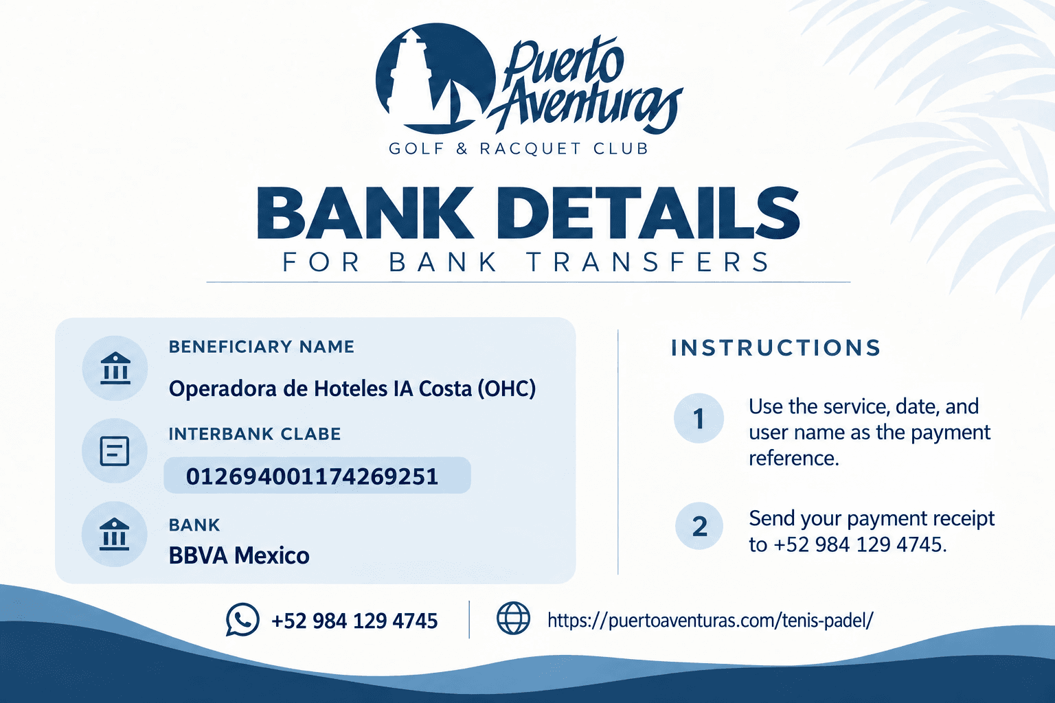 Puerto Aventuras Golf & Racquet Club bank-transfer details and payment instructions in English