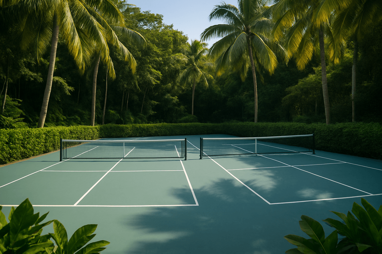 Two pickleball courts in a lush jungle setting.